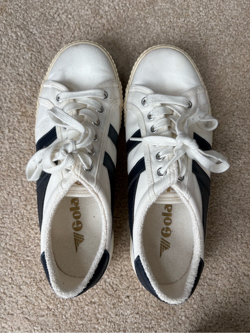 Gola Tennis Mark Cox Vegan White Canvas Sneakers with Navy Stripes